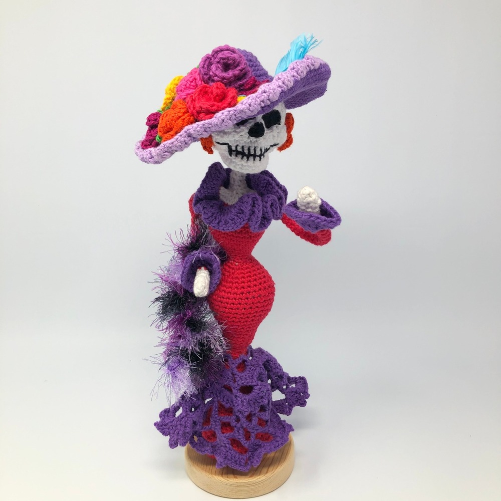 Handmade Crochet La Calavera Catrina Doll Dia de los Muertos Skeleton Folk Art
